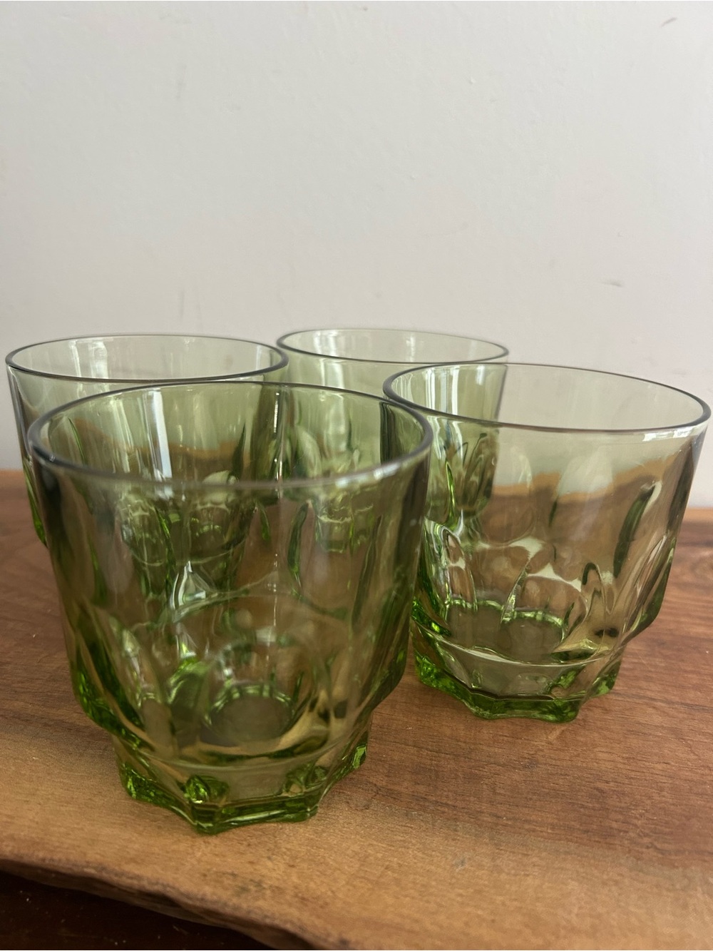 4 Vintage Hazel Atlas Reflection Avocado Green 6 oz Thumbprint Juice Glass Set